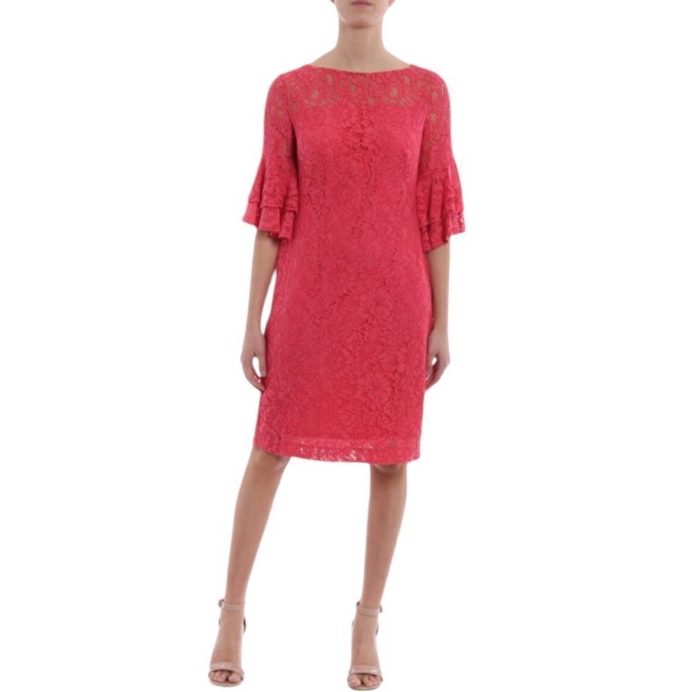 Lauren Ralph Lauren Marcelle Lace Knee Length Dress Coral Pink Sz. 8 Bell Sleeve